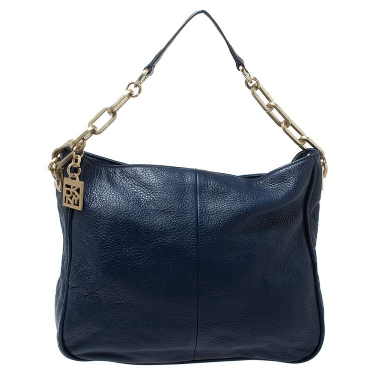 Pre Owned Dkny Navy Blue Soft Leather Front Pocket Chain Hobo
