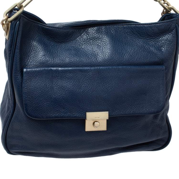 Pre Owned Dkny Navy Blue Soft Leather Front Pocket Chain Hobo