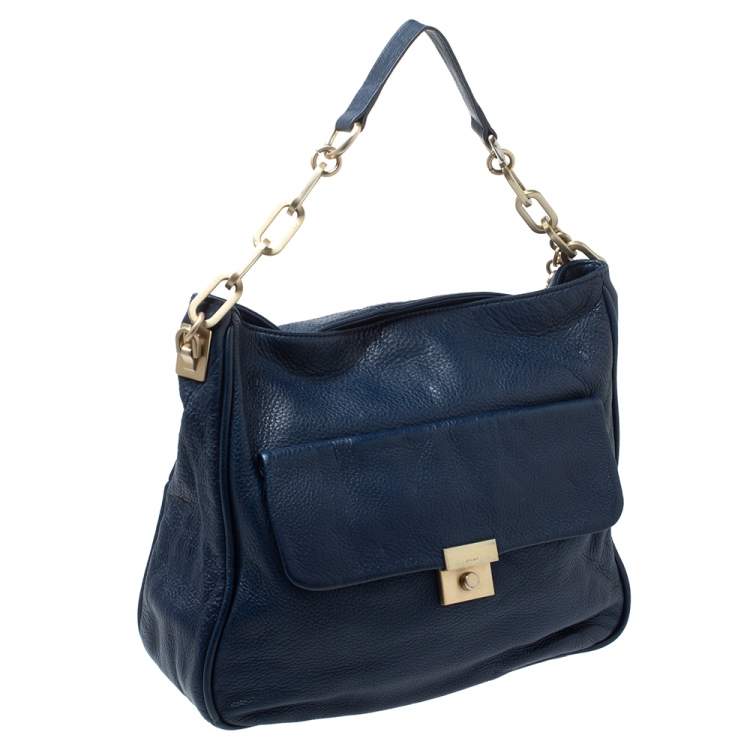 Pre Owned Dkny Navy Blue Soft Leather Front Pocket Chain Hobo