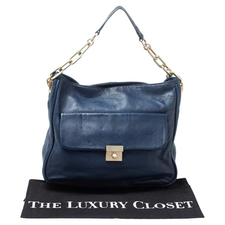 Pre Owned Dkny Navy Blue Soft Leather Front Pocket Chain Hobo