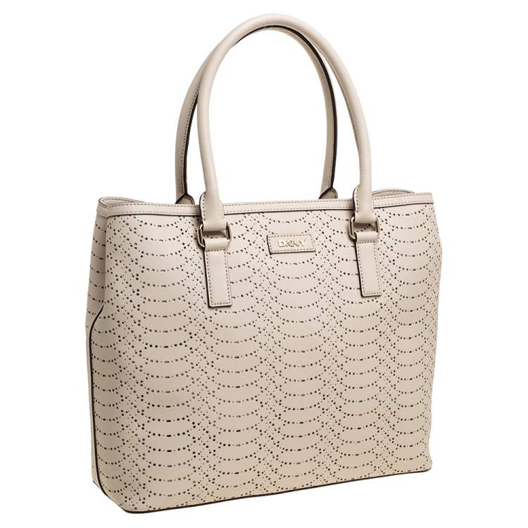 Pre Owned DKNY Light Beige Perforated Leather Tote