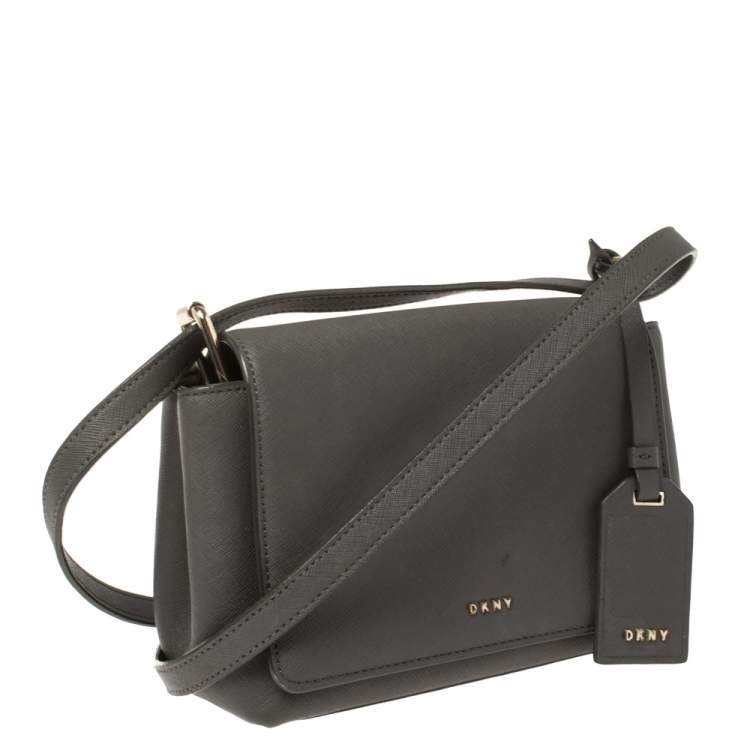 Pre Owned Dkny Grey Leather Logo Flap Crossbody Bag