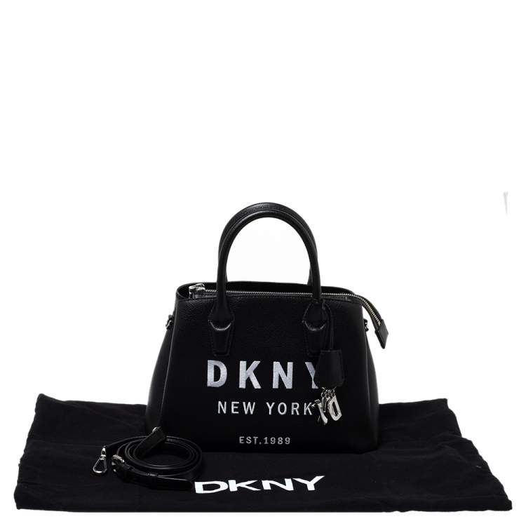Pre Owned Dkny Black Embroidered Logo Leather Hutton Satchel
