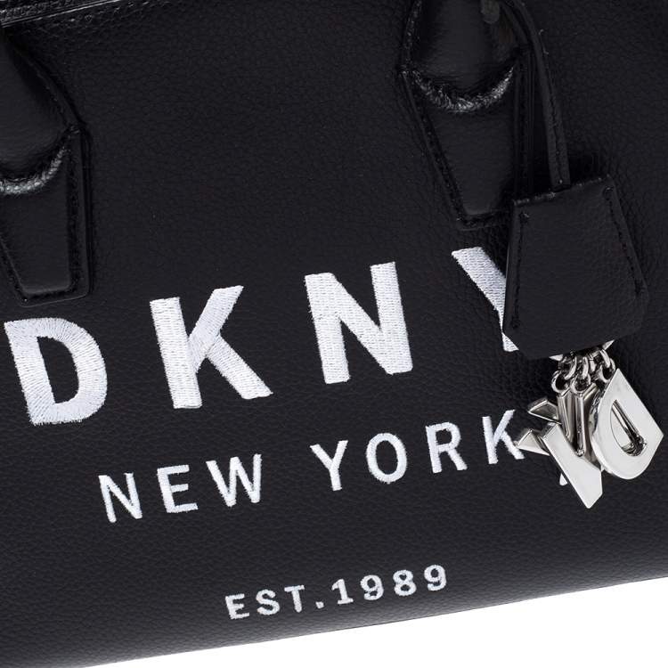 Pre Owned Dkny Black Embroidered Logo Leather Hutton Satchel