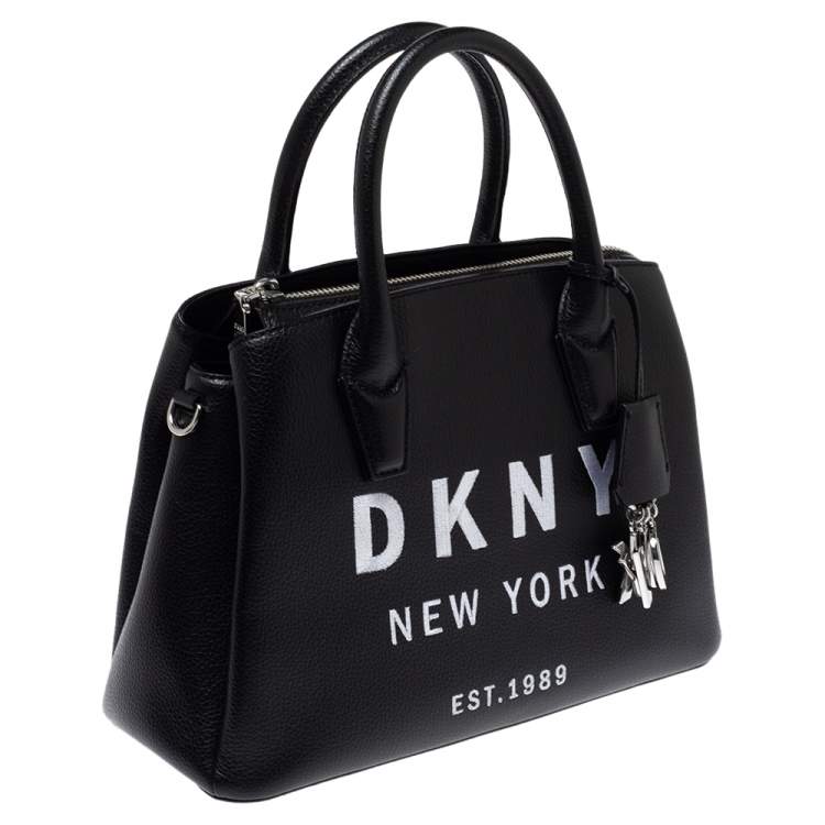 Pre Owned Dkny Black Embroidered Logo Leather Hutton Satchel