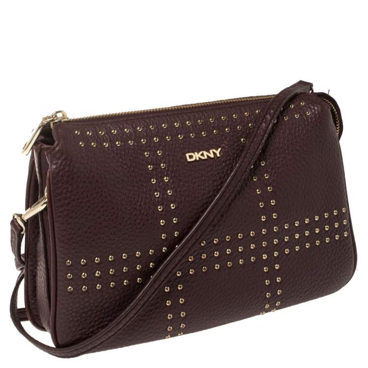 Pre Owned Dkny Dark Burgundy Soft Grain Leather Studded Shoulder Bag