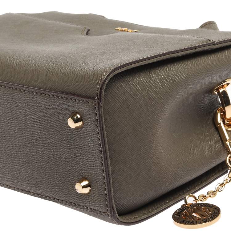 Pre Owned Dkny Khaki Green Leather Front Pocket Satchel 