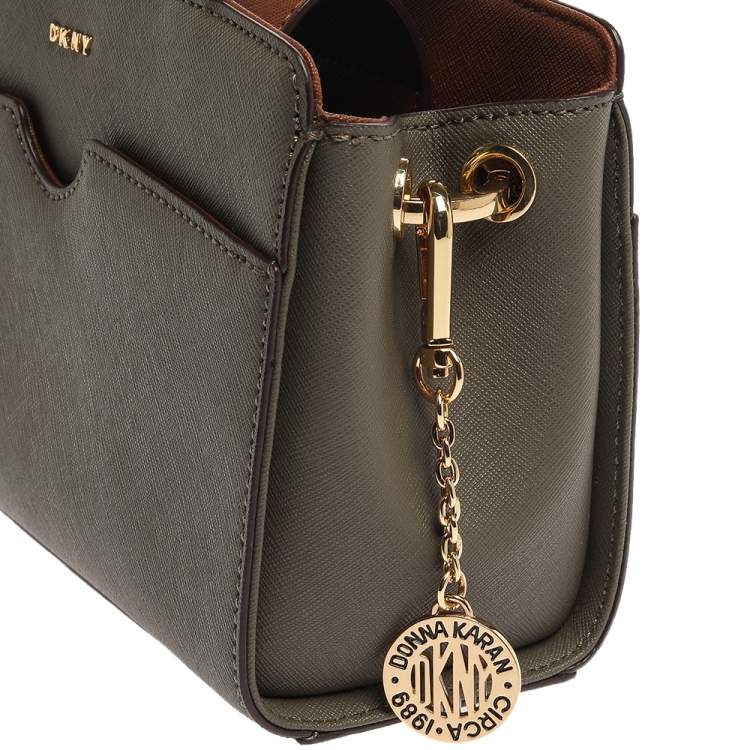Pre Owned Dkny Khaki Green Leather Front Pocket Satchel 