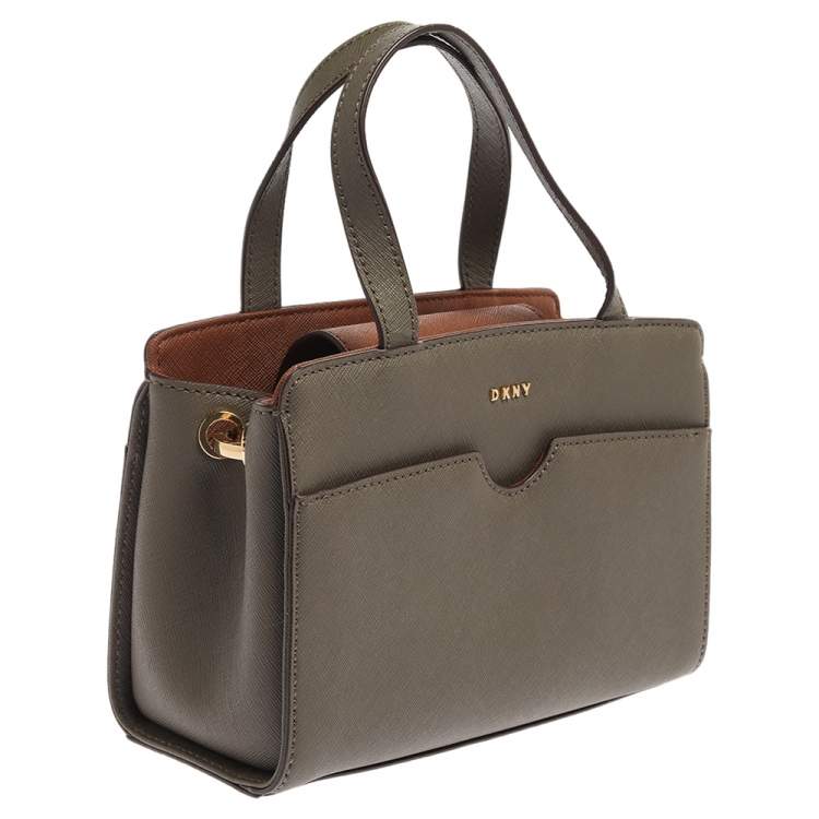 Pre Owned Dkny Khaki Green Leather Front Pocket Satchel 