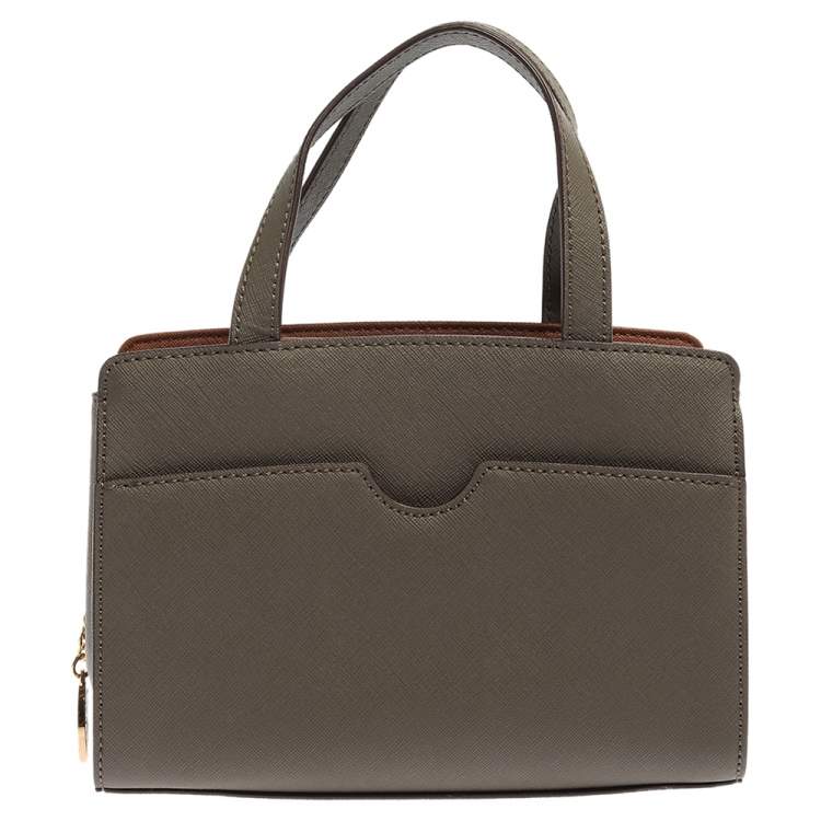 Pre Owned Dkny Khaki Green Leather Front Pocket Satchel 