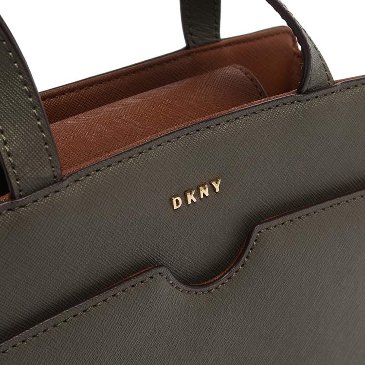 Pre Owned Dkny Khaki Green Leather Front Pocket Satchel 