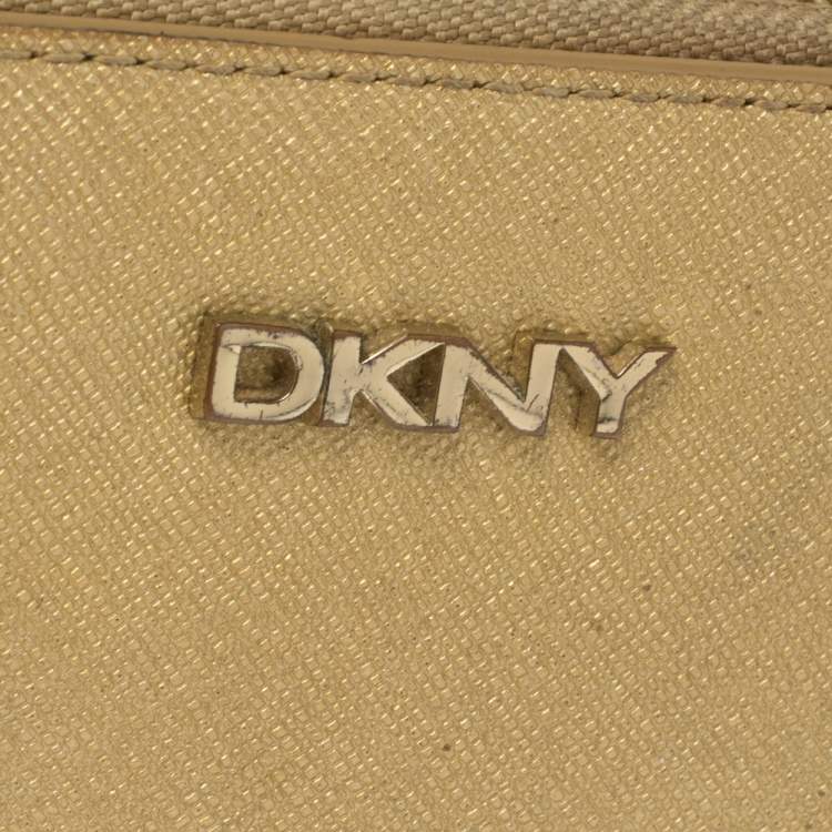 Pre Owned Dkny Metallic Beige Leather Zip Around Wallet