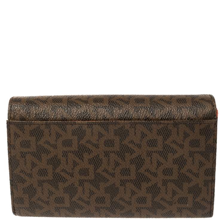 Pre Owned Dkny Brown Monogram Coated Canvas Flap Wallet