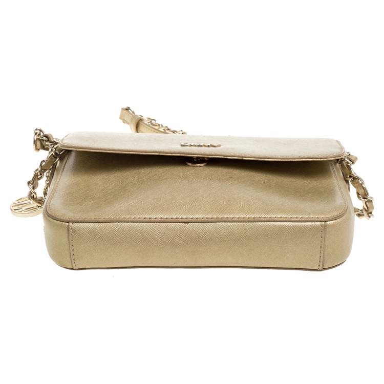Pre Owned Dkny Metallic Gold Leather Flap Crossbody Bag