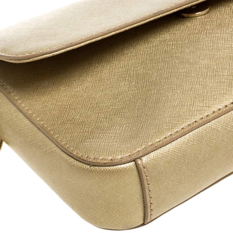 Pre Owned Dkny Metallic Gold Leather Flap Crossbody Bag