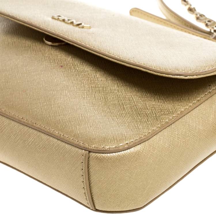 Pre Owned Dkny Metallic Gold Leather Flap Crossbody Bag