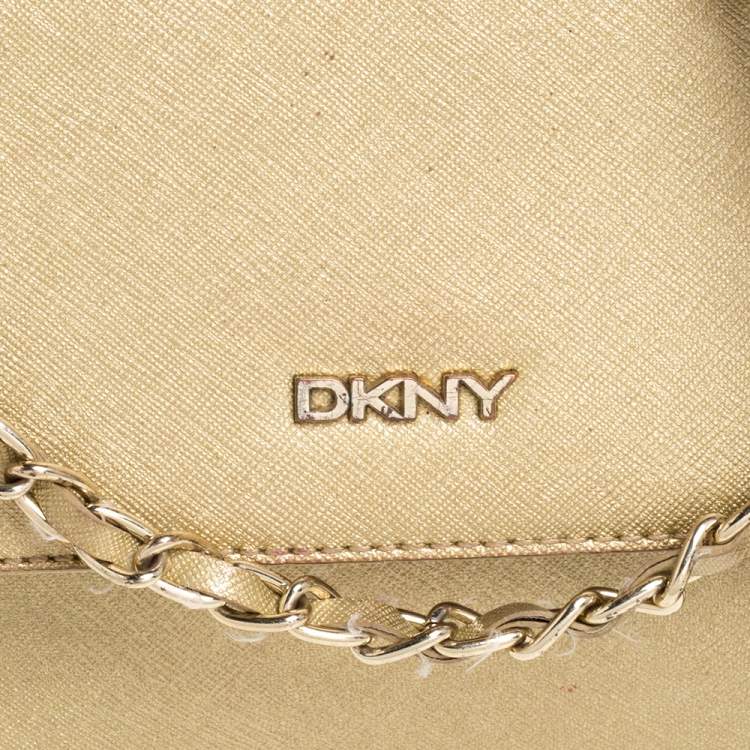 Pre Owned Dkny Metallic Gold Leather Flap Crossbody Bag