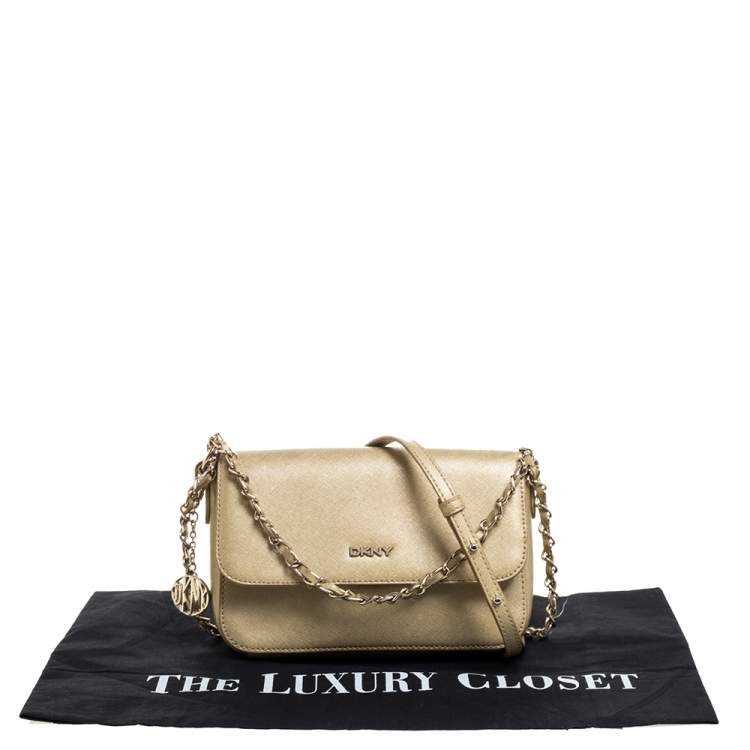 Pre Owned Dkny Metallic Gold Leather Flap Crossbody Bag