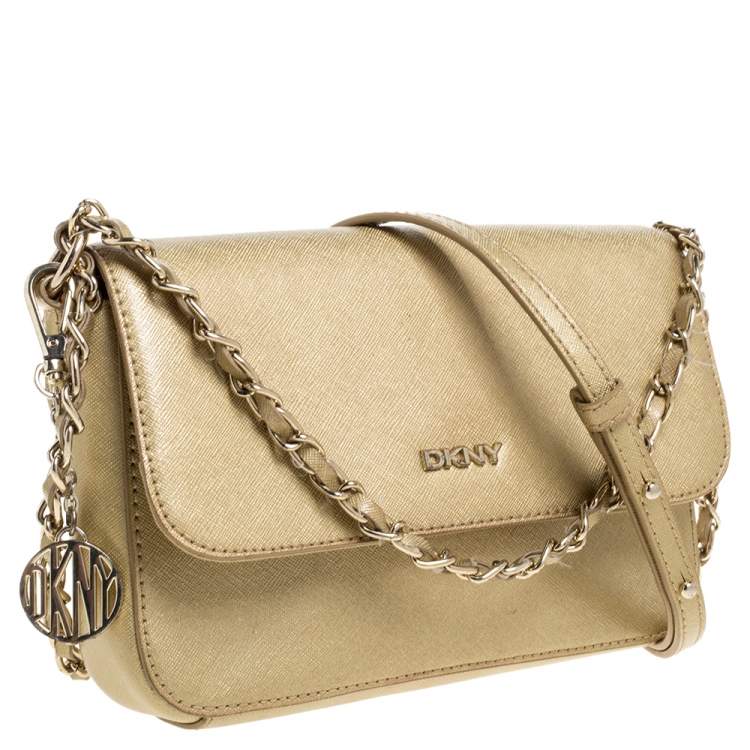 Pre Owned Dkny Metallic Gold Leather Flap Crossbody Bag