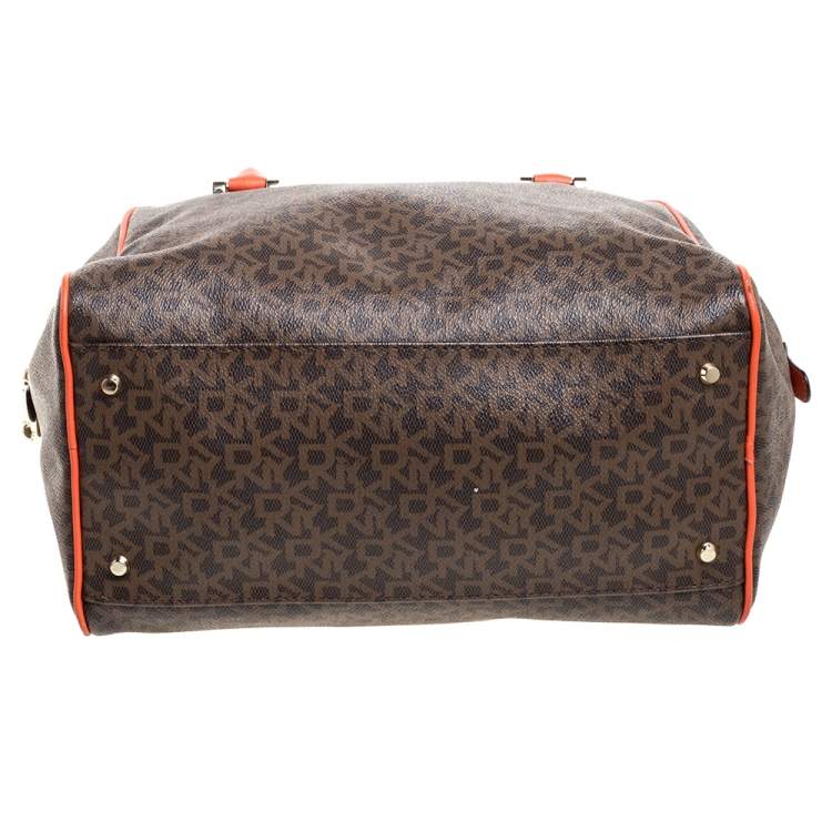 Pre Owned Dkny Brown/Orange Monogram Coated Canvas and Leather Satchel