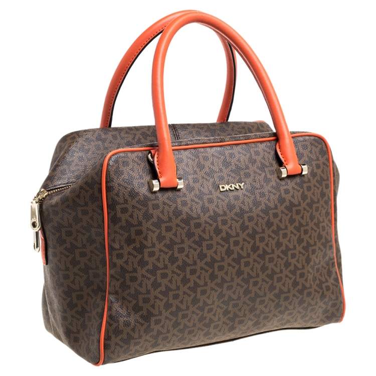 Pre Owned Dkny Brown/Orange Monogram Coated Canvas and Leather Satchel