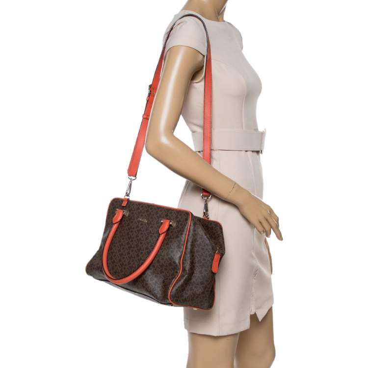 Pre Owned Dkny Brown/Orange Monogram Coated Canvas and Leather Satchel