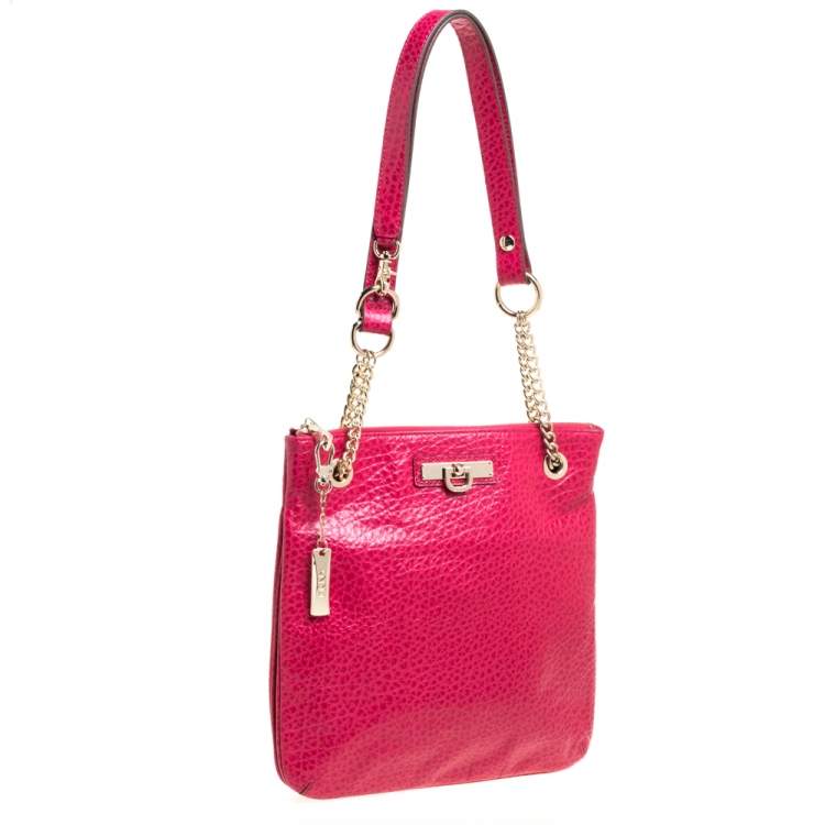 Pre Owned DKNY Magenta Pebbled Leather Zip Chain Shoulder Bag
