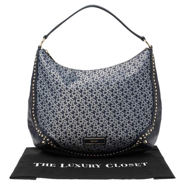 Pre Owned Dkny Blue Signature Denim and Leather Studded Hobo