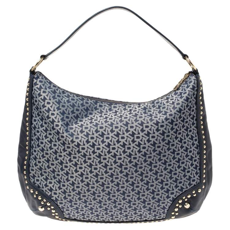 Pre Owned Dkny Blue Signature Denim and Leather Studded Hobo