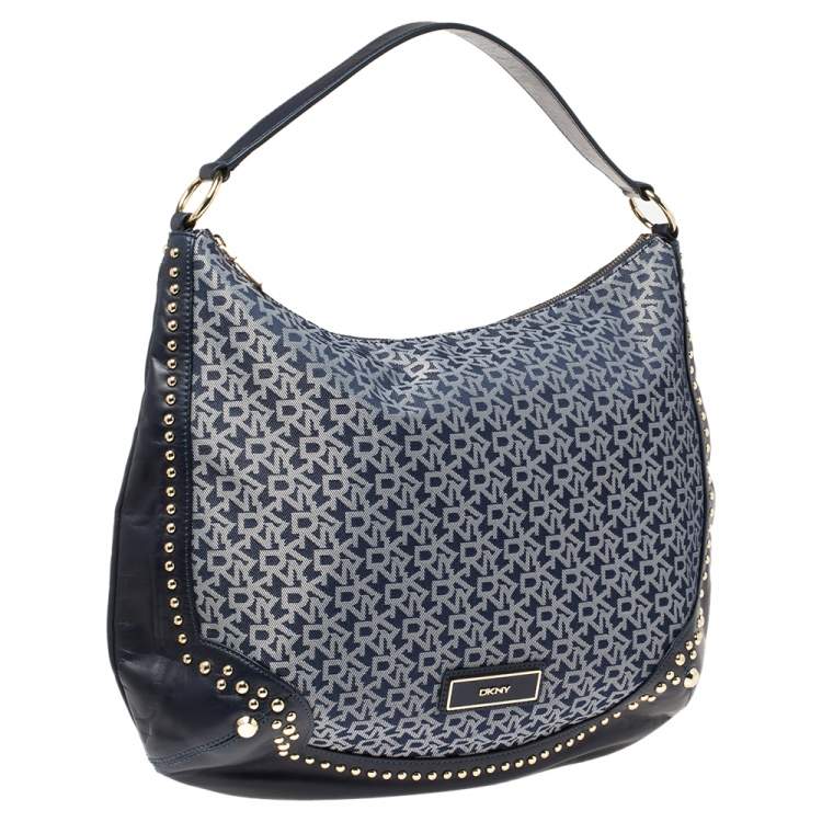 Pre Owned Dkny Blue Signature Denim and Leather Studded Hobo