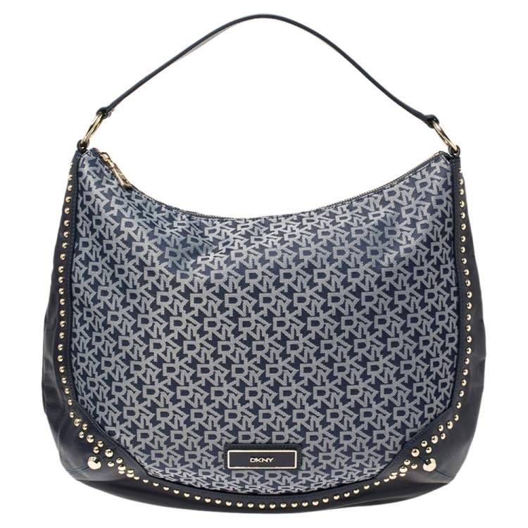 Pre Owned Dkny Blue Signature Denim and Leather Studded Hobo