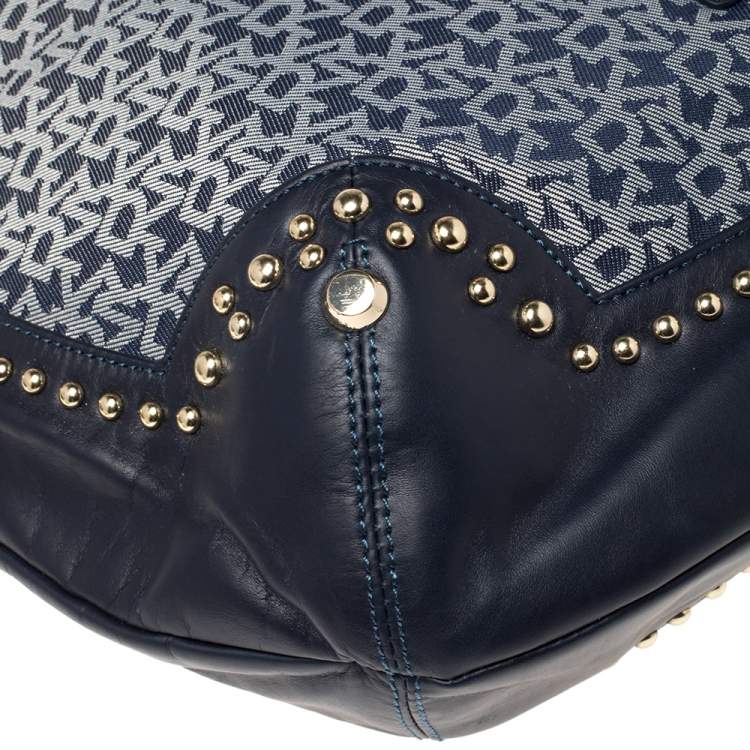 Pre Owned Dkny Blue Signature Denim and Leather Studded Hobo