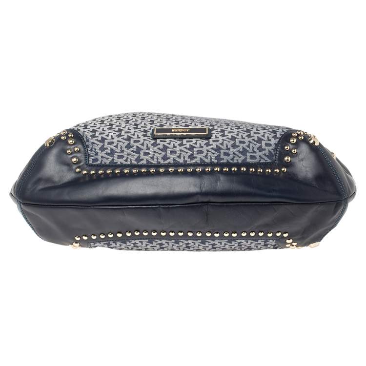 Pre Owned Dkny Blue Signature Denim and Leather Studded Hobo