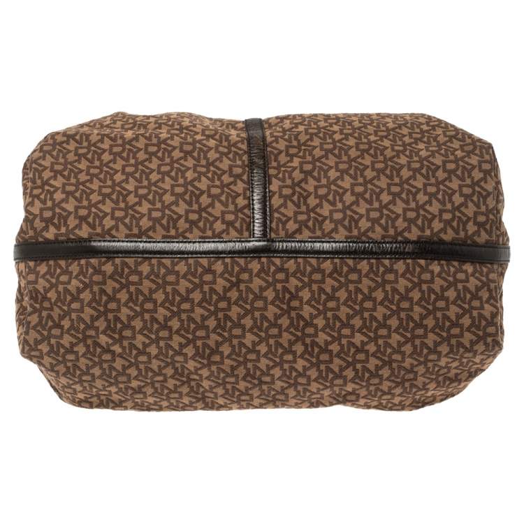 Pre Owned Dkny Brown Monogram Canvas and Leather Studded Hobo