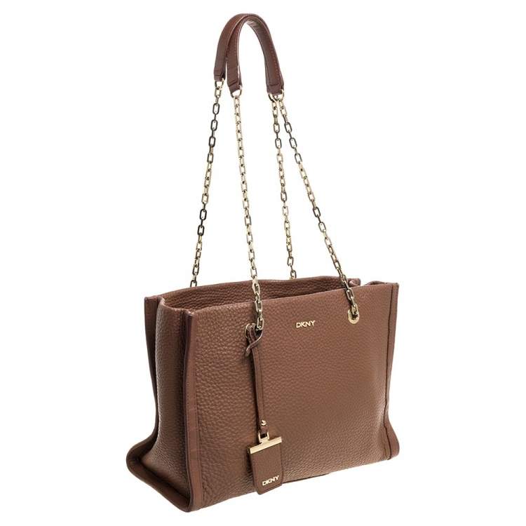 Pre Owned Dkny Brown Pebbled Leather Chain Tote