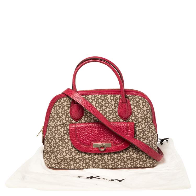 Pre Owned Dkny Beige/Pink Monogram Canvas and Leather Dome Satchel