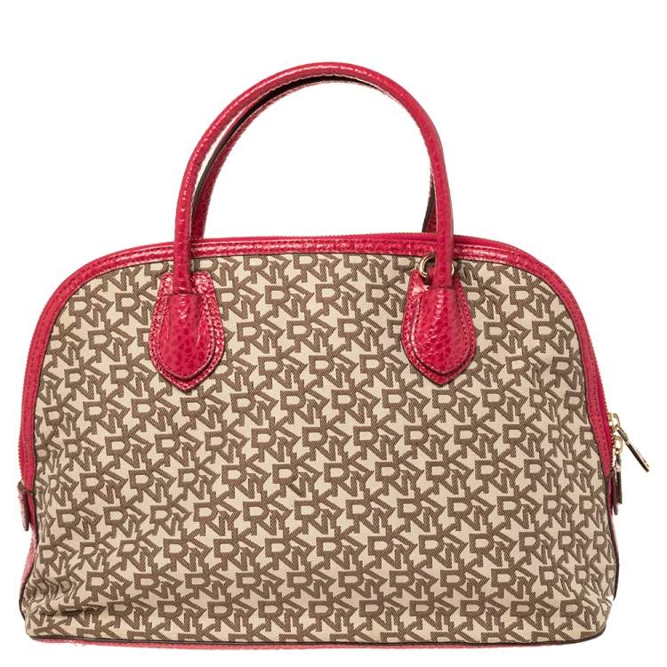Pre Owned Dkny Beige/Pink Monogram Canvas and Leather Dome Satchel