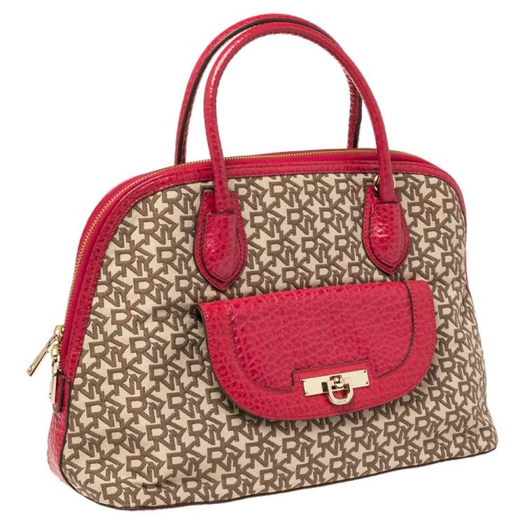 Pre Owned Dkny Beige/Pink Monogram Canvas and Leather Dome Satchel