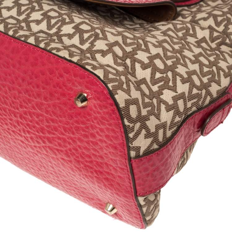 Pre Owned Dkny Beige/Pink Monogram Canvas and Leather Dome Satchel