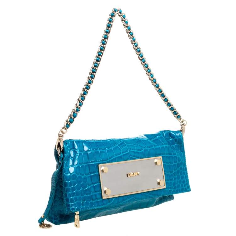 Pre Owned Dkny Blue Croc Embossed Leather Foldover Shoulder Bag