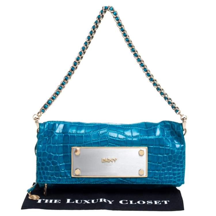 Pre Owned Dkny Blue Croc Embossed Leather Foldover Shoulder Bag