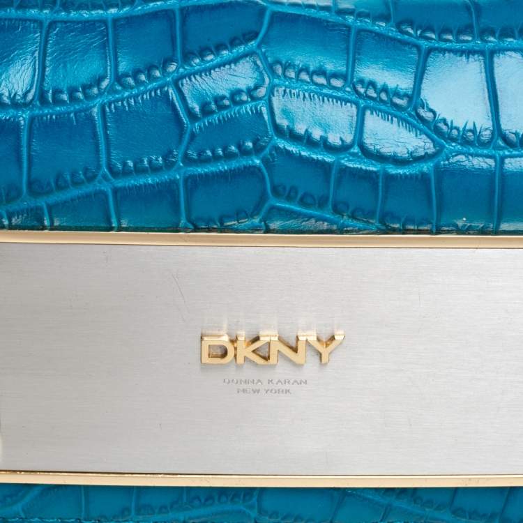 Pre Owned Dkny Blue Croc Embossed Leather Foldover Shoulder Bag