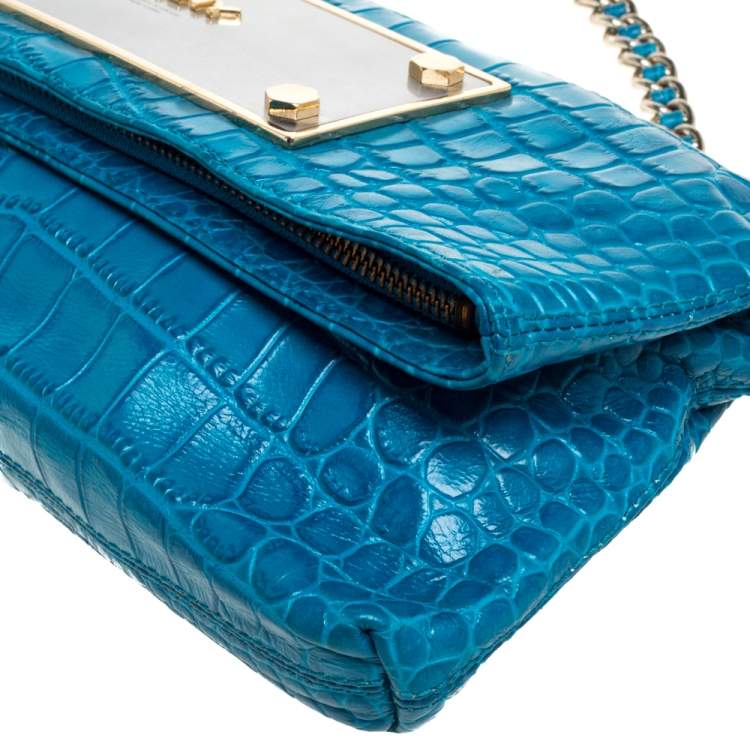 Pre Owned Dkny Blue Croc Embossed Leather Foldover Shoulder Bag