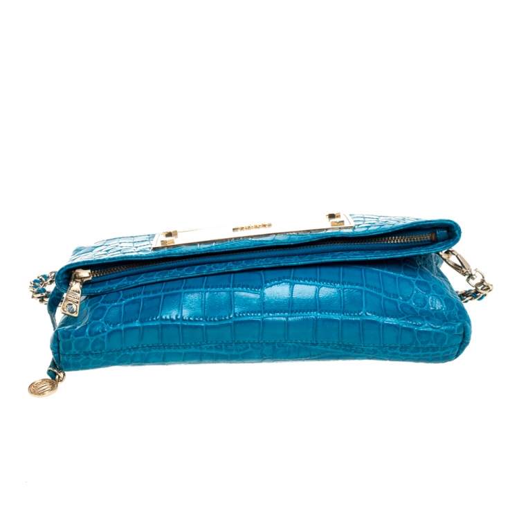 Pre Owned Dkny Blue Croc Embossed Leather Foldover Shoulder Bag