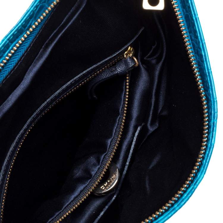 Pre Owned Dkny Blue Croc Embossed Leather Foldover Shoulder Bag
