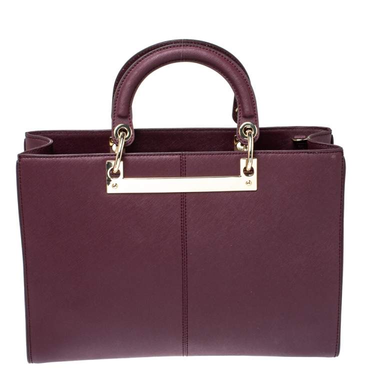 Pre Owned Dkny Burgundy Leather Logo Plague Zip Tote