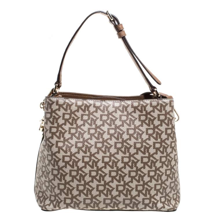 Pre Owned Dkny Beige/Brown Signature Coated Canvas and Leather Bryant Bucket Bag
