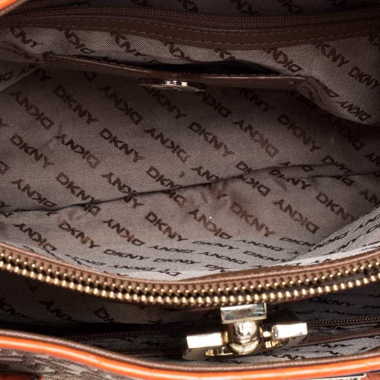 Pre Owned Dkny Orange Croc Embossed Leather and Beige Signature Canvas Tote