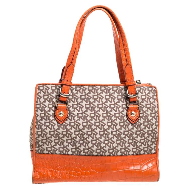 Pre Owned Dkny Orange Croc Embossed Leather and Beige Signature Canvas Tote