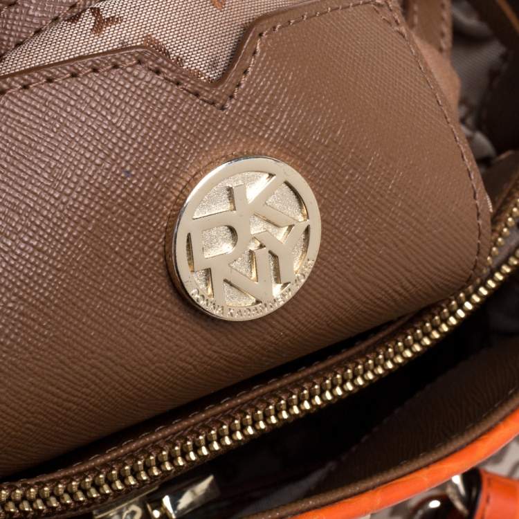 Pre Owned Dkny Orange Croc Embossed Leather and Beige Signature Canvas Tote